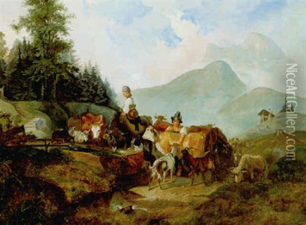 Viehherde Mit Zwei Sennerinnen Auf Der Alm Oil Painting - Johann Baptist Isenring