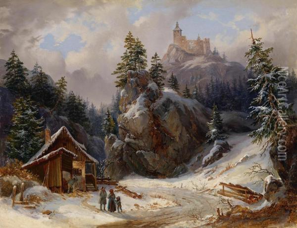 Encounterin A Winter Landscape Beneath The Ruins Of A Castle Oil Painting - Joseph Altenkopf