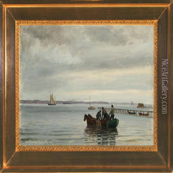 Fishermen Unloading The Catch Oil Painting - Christian Vigilius Blache