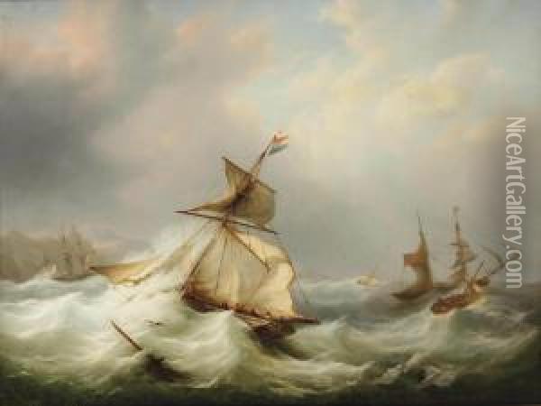 Dutch And British Vessels Caught In Rough Seas Oil Painting - Martinus Schouman