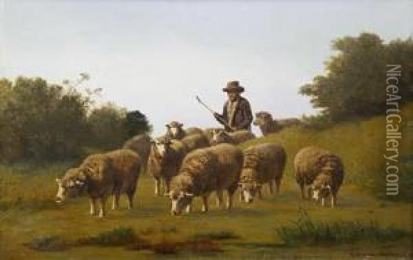 A Shepherd With His Flock Oil Painting - Edouard Woutermaertens