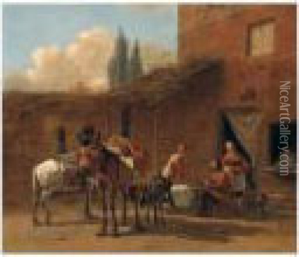 Travellers And Pack Animals In The Courtyard Of An Inn Oil Painting - Karel Dujardin