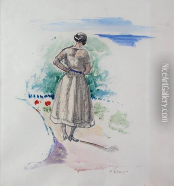 Jeune Femme Dans Un Jardin Surplombant La Mer Oil Painting - Henri Lebasque
