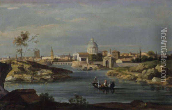 River Landscape With A Town Beyond Oil Painting - Pietro Brancaleone