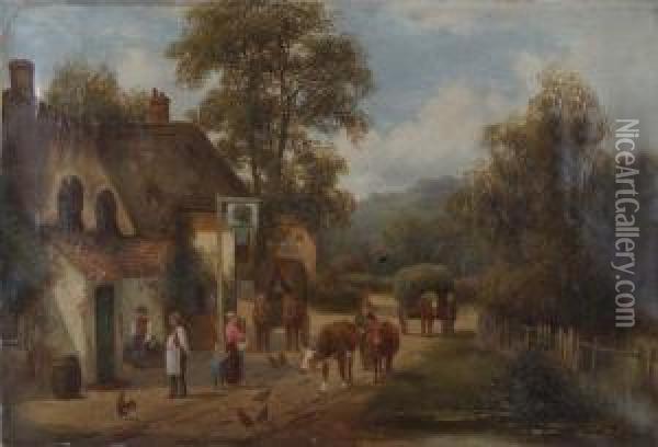 Cattle And Figures Outside A Country Inn Oil Painting - Henry Wilcocks