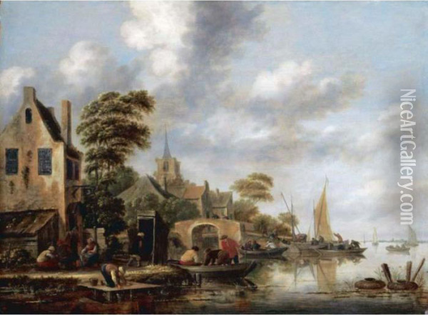 A Riverside Village With Figures Unloading Sailing Boats In The Background Oil Painting - Thomas Heeremans