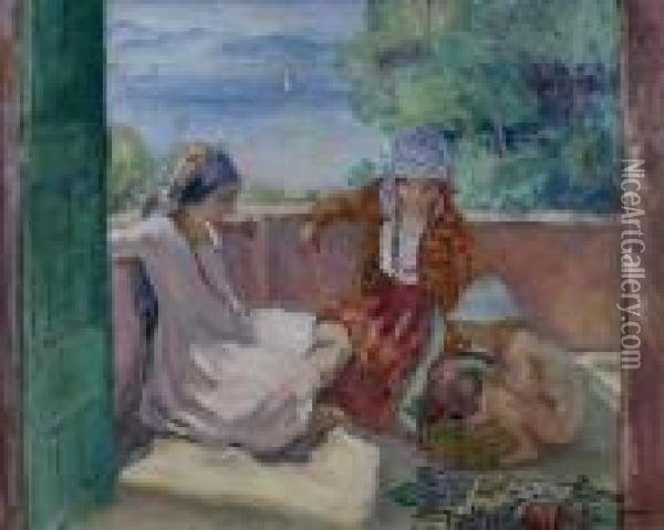Jeunes Femmes Assises Et Enfant Sur La Terrasse A Sainte-maxime (les Enfants Lebasque) Oil Painting - Henri Lebasque