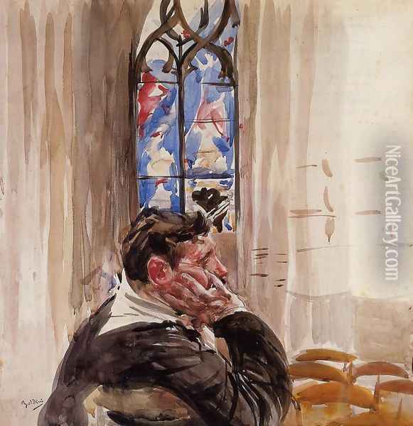 Portrait Of A Man In Church Oil Painting - Giovanni Boldini
