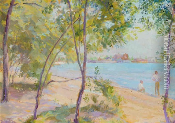 Figures In A Summer Lake Landscape Oil Painting - Robert Panitzsch