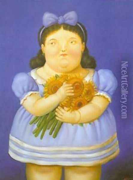 Girl with flowers 1995 Oil Painting - Fernando Botero