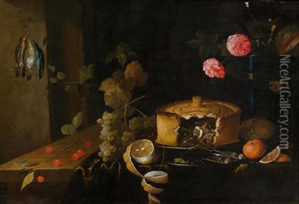 Stillleben Mit Pasteten, Obst Und Blumen Auf Einer Tischplatte Oil Painting - Jan Davidsz De Heem