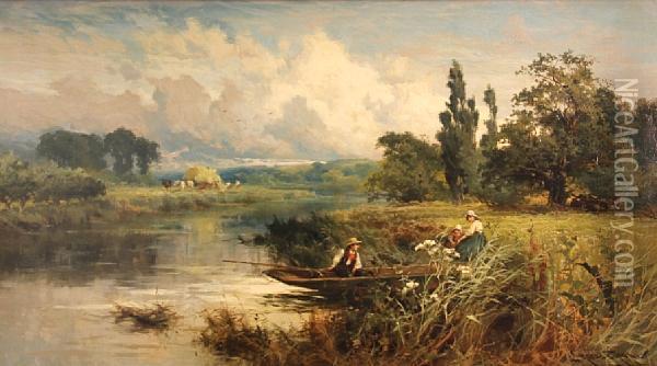 A River Landscape With Figures In A Boat Oil Painting - John Horace Hooper