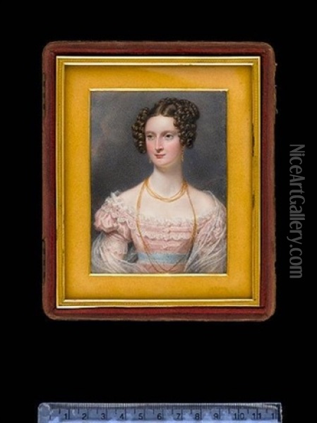 Anne Rankin (nee Burt), Wearing Pink Dress And Pale Blue Sash, The Bodice, Neckline And Short Puffed Sleeves Lavishly Trimmed With Lace Oil Painting - George Hargreaves