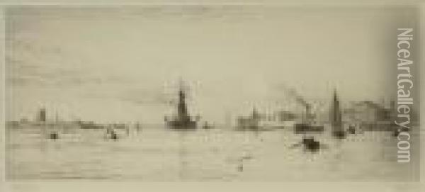 Portsmouth Harbour Showing Hms Revenge Flag-ship Oil Painting - William Lionel Wyllie