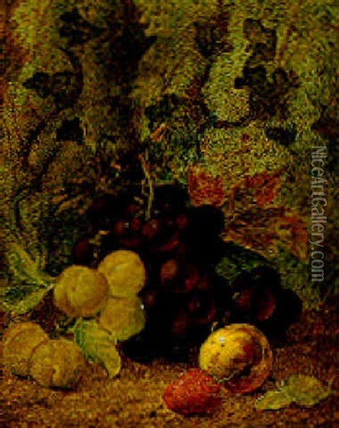Grapes, Plums, An Apple And A Strawberry On A Mossy Bank Oil Painting - Oliver Clare