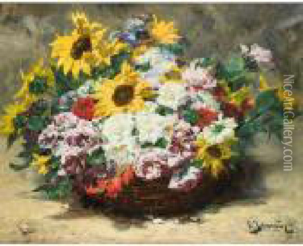 Panier De Roses Et Tournesols [ ;
 Basket Of Roses And Sunflowers ; Oil On Canvas Signed Lower Right] Oil Painting - Georges Jeannin