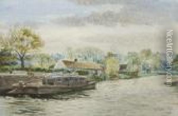 Belfast Rowing Club Boathouse On The Lagan Oil Painting - Joseph Carey Carey