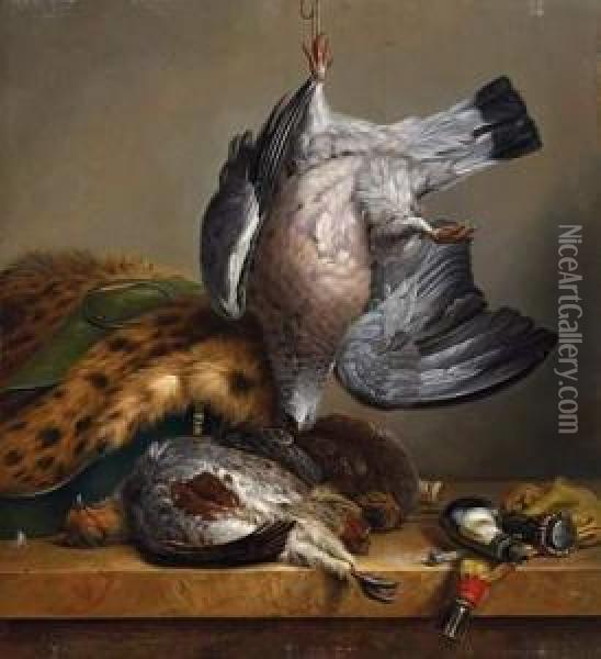 Hunting Still Life With Partridges And Hunting Utensils Oil Painting - Diederick Jan Singendonck