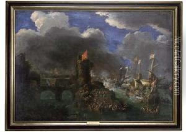 A Naval Skirmish Oil Painting - Matthieu Van Plattenberg