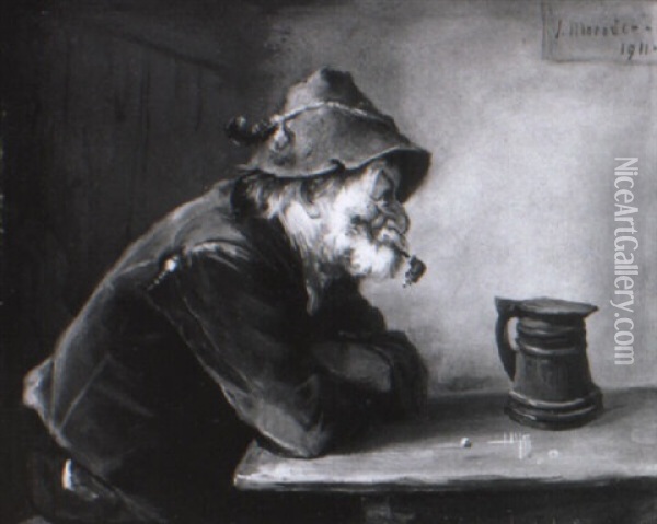 Bauer Am Tisch Vor Seinem Bierkrug Sitzend Oil Painting - Josef Theodor Moroder-Lusenberg