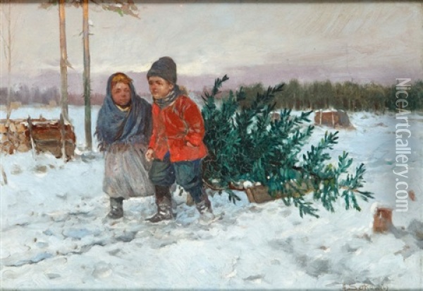 Dzieci Wiozace Choinke Na Sankach Oil Painting - Adam Setkowicz