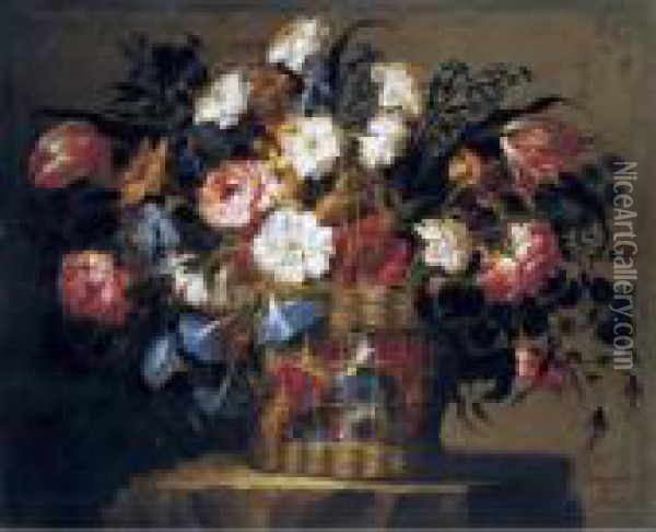 Still Life Of Flowers In A Basket Oil Painting - Juan De Arellano