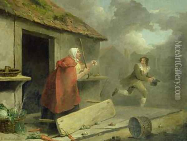 Old Woman Waving a Stick at a Boy 1793 Oil Painting - George Morland