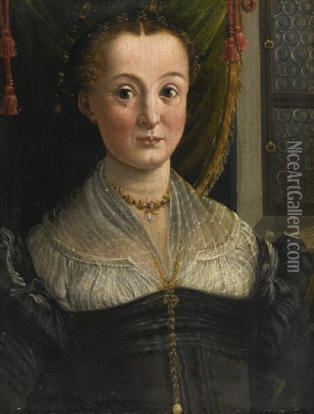 Portrait Of A Lady, Bust Length, In A Black Gown And Linen Partlet Oil Painting - Girolamo Mazzola Bedoli