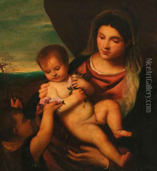 Madonna and Child with the Infant Saint John the Baptist Oil Painting - Tiziano Vecellio (Titian)
