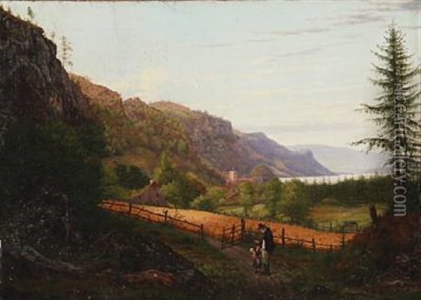 Landscape From Southern Germany With A Child And A Man Standing On A Forest Trail In The Foreground Oil Painting - Georg Emil Libert