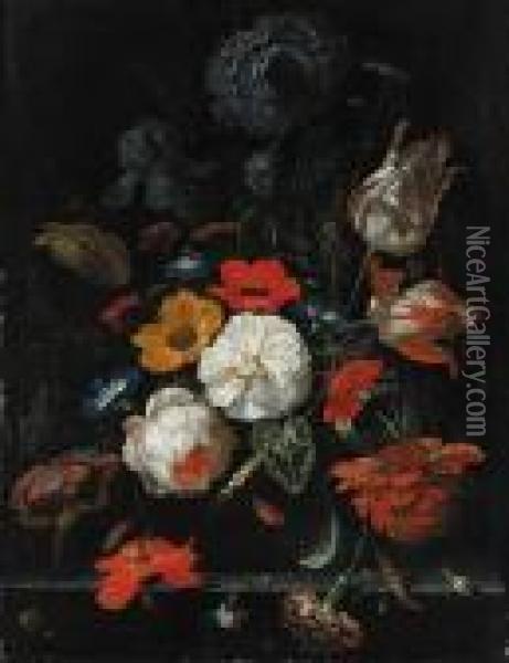 Roses, Parrot Tulips, Poppies, 
Morning Glory, A Carnation, An Iris,paeonies And Other Flowers, With 
Ears Of Corn In A Glass Vase Withsnails, A Spider And Other Insects On A
 Stone Shelf In Analcove Oil Painting - Abraham Mignon