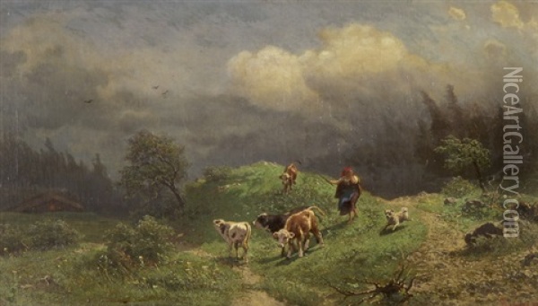 Kuhe Auf Der Alp Bei Aufziehendem Gewitter Oil Painting - Gustav Ranzoni
