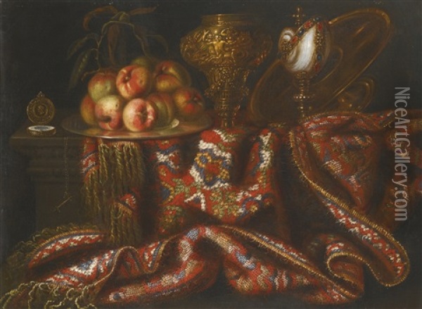Still Life With Peaches, A Nautilus Cup And A Pocket Watch With A Persian Rug Oil Painting - Jacques Hupin