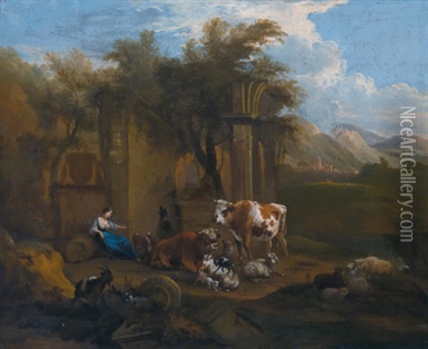 Eine Hirtin Mit Ihrer Herde Vor Romischen Ruinen Oil Painting - Michiel Carree