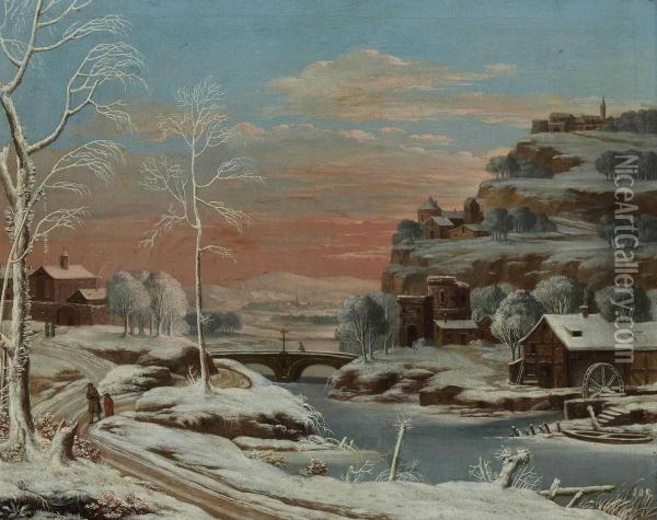 Winterliche Flusslandschaft. Oil Painting - Anton Friedrich Harms