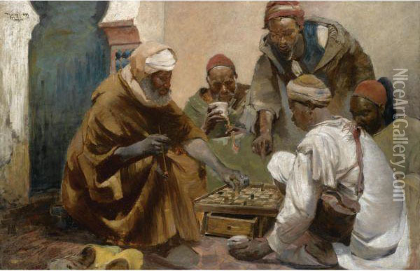 The Chess Game, Tangiers Oil Painting - Ignac Ujvary