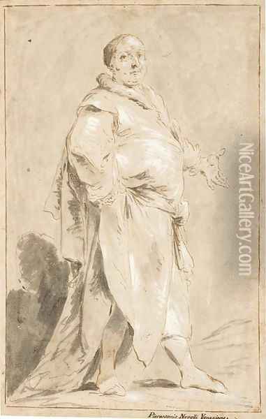 Homme debout vetu d'un manteau, le bras gauche tendu, l'autre pose sur la hanche et vu de trois-quarts vers la droite Oil Painting - Pietro Antonio Novelli