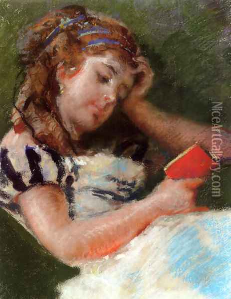 A Young Girl Reading Oil Painting - Mose Bianchi