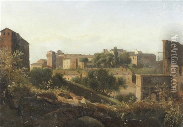 View Of The Colosseum And The Arch Of Constantine From The Palatine Unframed Oil Painting - Jean Charles Joseph Remond