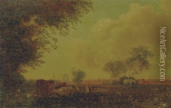 Figure Before Cattle In An Extensive Landscape Oil Painting - William Sadler the Younger
