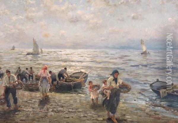 Pescatori Sulla Spiaggia Oil Painting - Federico Morello