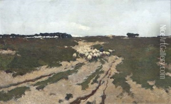 A Shepherd And His Flock Returning Home Oil Painting - William Castle Keith