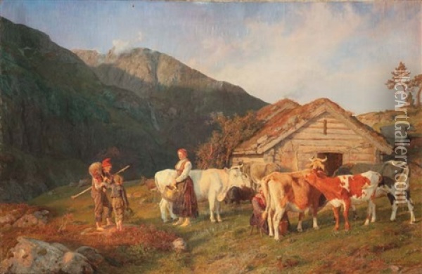 Troupeau Et Bergers En Alpage Oil Painting - Anders Monsen Askevold