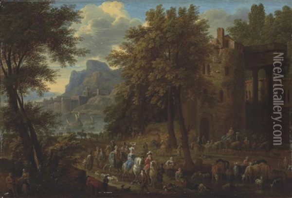 A Wooded Landscape With An Elegant Company Passing Through Architectural Ruins, With A Castle And Harbor Beyond Oil Painting - Jan-Baptiste van der Meiren