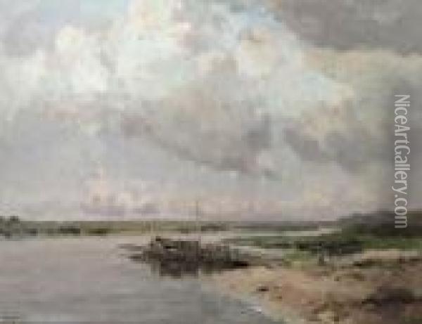 A Ferry In Wessem, Limburg Oil Painting - Willem George Fred. Jansen