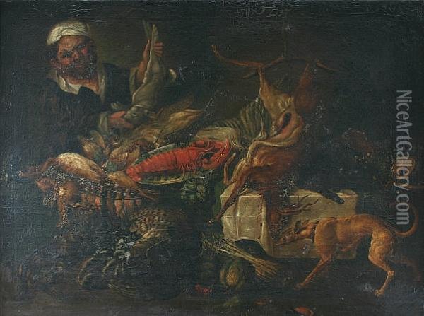 Still Life With Game, Seafood, 
And Vegetables, With Greyhound And Servant Displaying A Hare Oil Painting - Frans Snyders