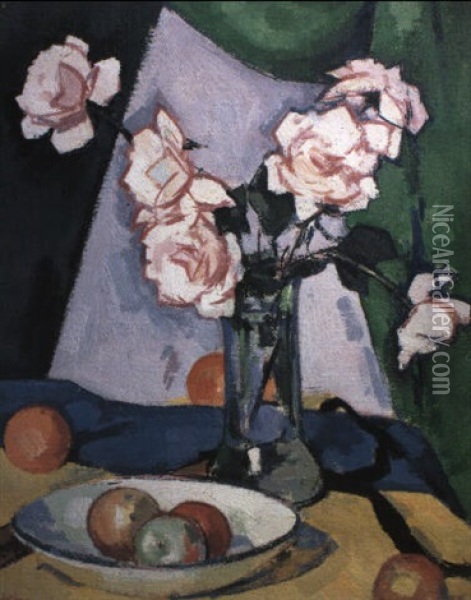 Pink Roses In A Glass Vase With Fruit In A Bowl Against A Green Drape Oil Painting - Samuel John Peploe