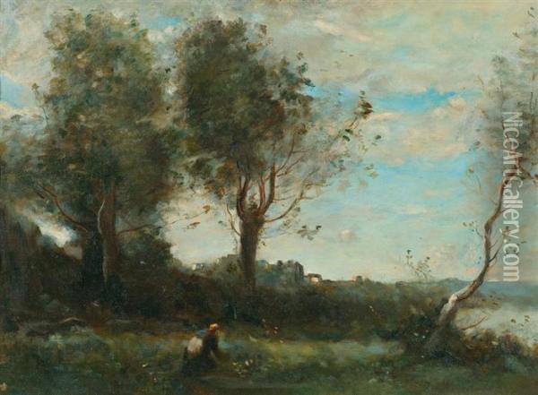 Flusslandschaft. Oil Painting - Jean-Baptiste-Camille Corot