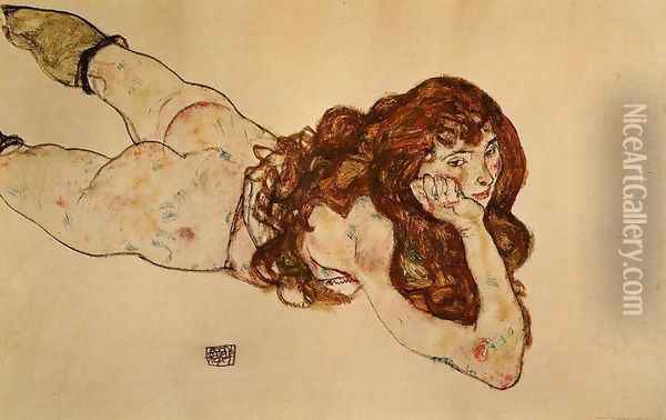 Female Nude Lying On Her Stomach Oil Painting - Egon Schiele