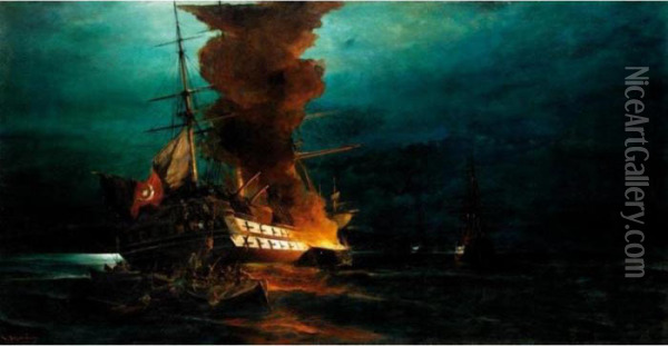 The Burning Of A Turkish Frigate Oil Painting - Constantinos Volanakis